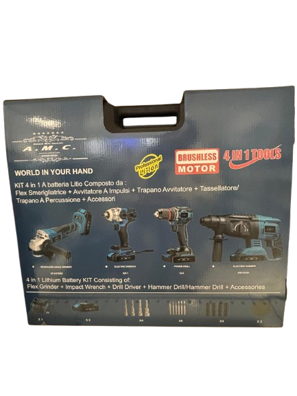 Kit 4 in 1 a litio: flex smerigliatore + avvitatore + trapano + tassellatore