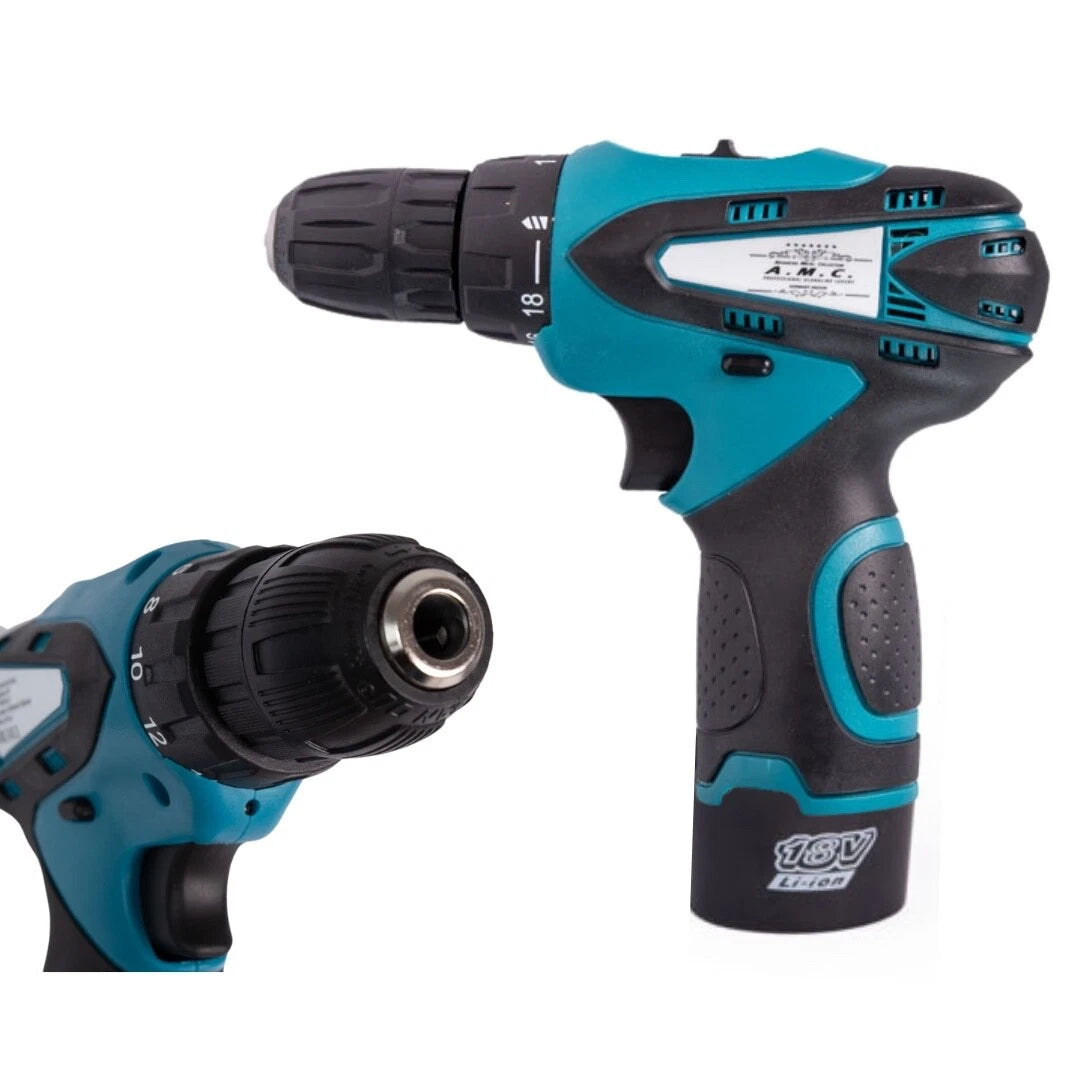 Coppia Trapano Avvitatore a Batteria Professionale 18V, 2 Batterie, 17 Accessori